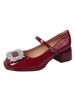 French High Heels, Red Small Leather Mary Jane Women's Thick Heel Rhinestone Wedding Bride's Shoes, Early Spring Shoes_vogvips.com