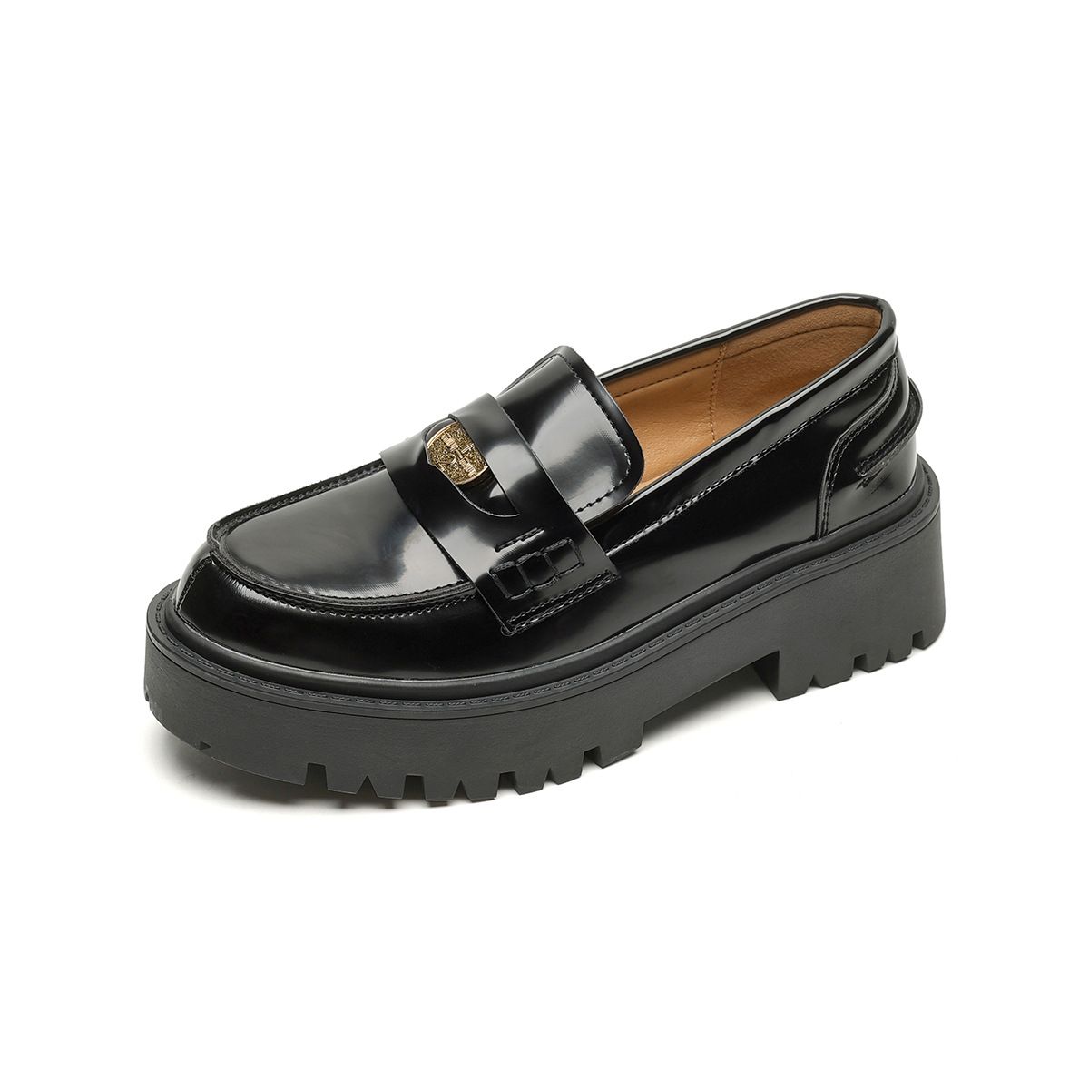 Thick-soled Gold Coin Loafers Women's British Style Black Small Leather Shoes Shallow Mouth Round Head Single Shoes Women_vogvips.com