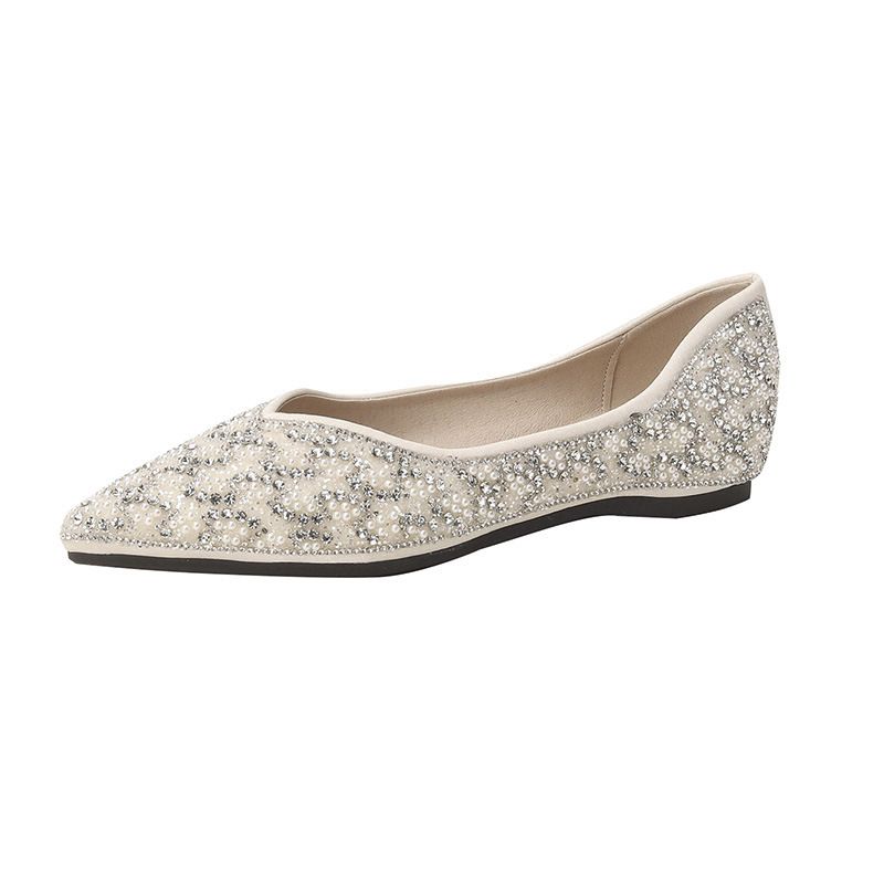 Pointed Single Shoes Women's Flat Bottom Shallow Mouth One Pedal Doudou Shoes Soft Sole Rhinestone Ladyshoes Women_vogvips.com