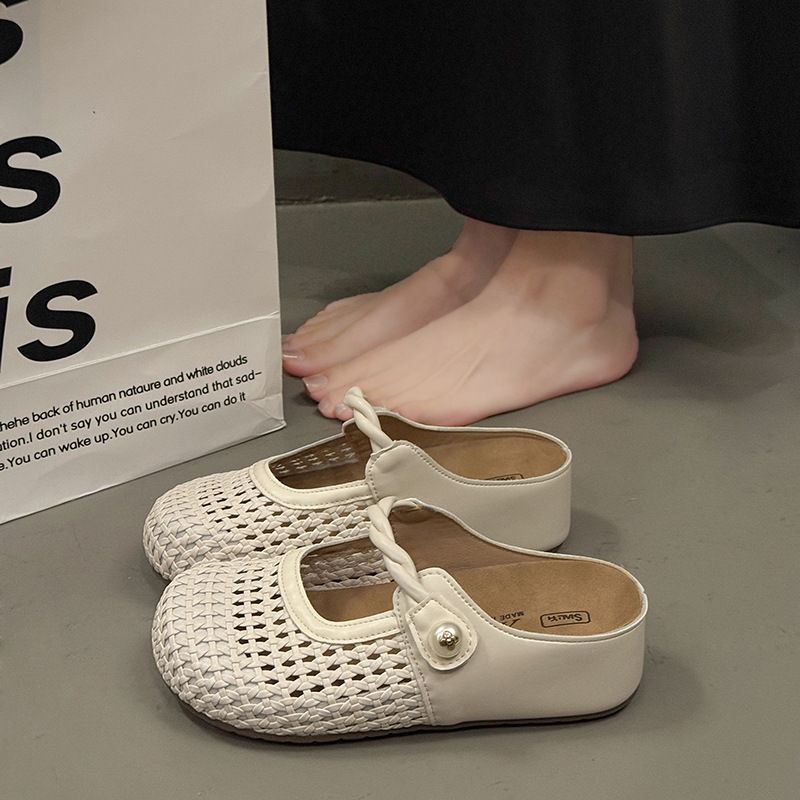 Women's Summer 2026 Height Increasing Woven Half Slippers Breathable Closed Toe Sandals with Thick Sole for Skirts_vogvips.com