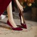 Rhinestone Flower High Heels Xiuhe Wedding Bride 2025 Suede Red Shallow Mouth Stiletto Pointed Toe Banquet Dress Shoes_vogvips.com