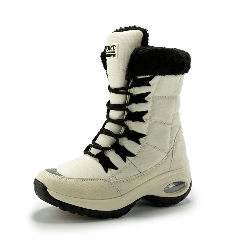 「XGXC」Snow Boots New Winter Women's Shoes Cowhide Non-slip Short-tube Cotton Shoes Thick-soled Wool Women's White Leather And Fur_vogvips.com