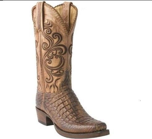 Men Vintage Embroidery Western Cowboy Croc Print Pointed Toe Mid Calf Retro Leather Riding Boots_vogvips.com