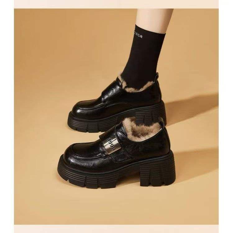 Soft Leather Thick-soled Loafers Women's Velvet Warm Cotton Shoes To Increase The Height Of Soft-soled Small Leather Shoes_vogvips.com