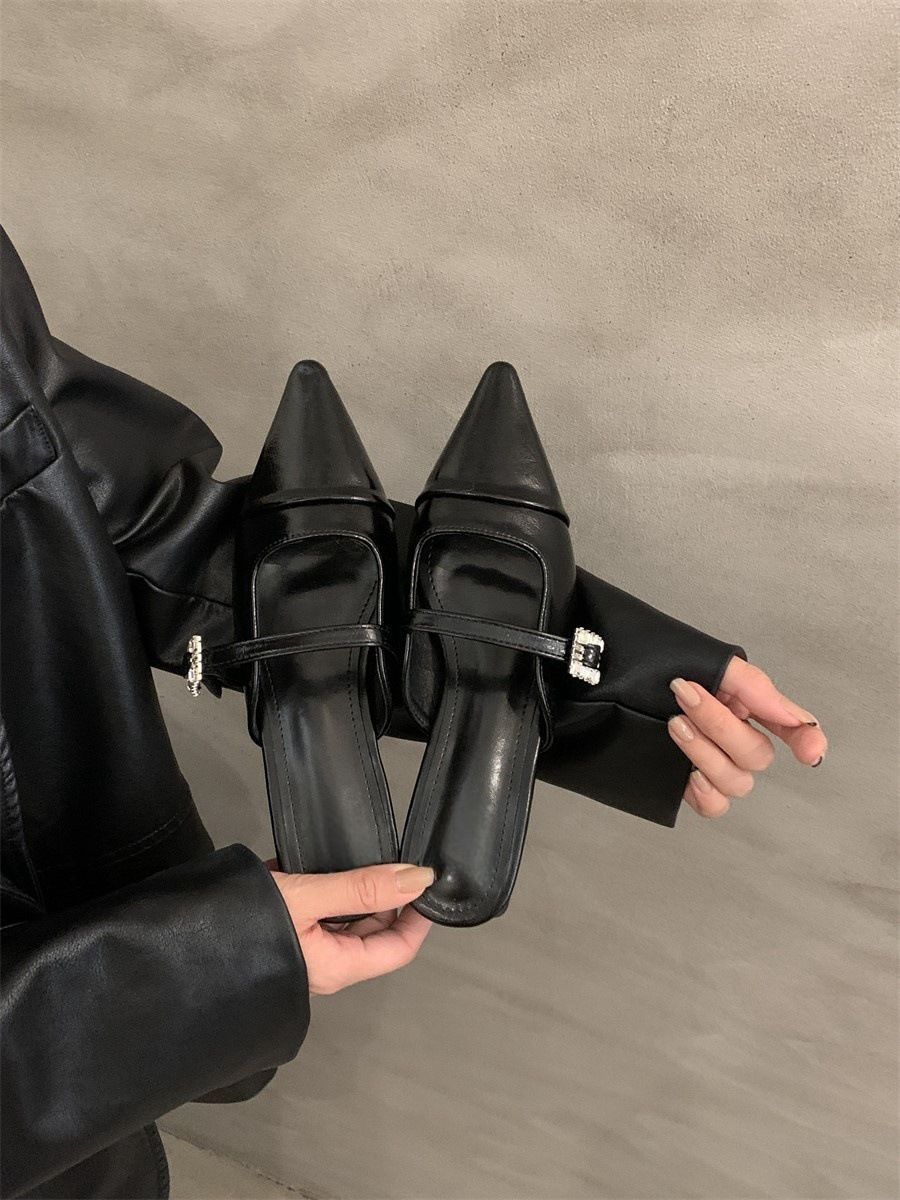 2025 Spring New Chunky Heel Closed Mules For Women Slip-On Pointed Toe Mary Jane Silver Shoes_vogvips.com
