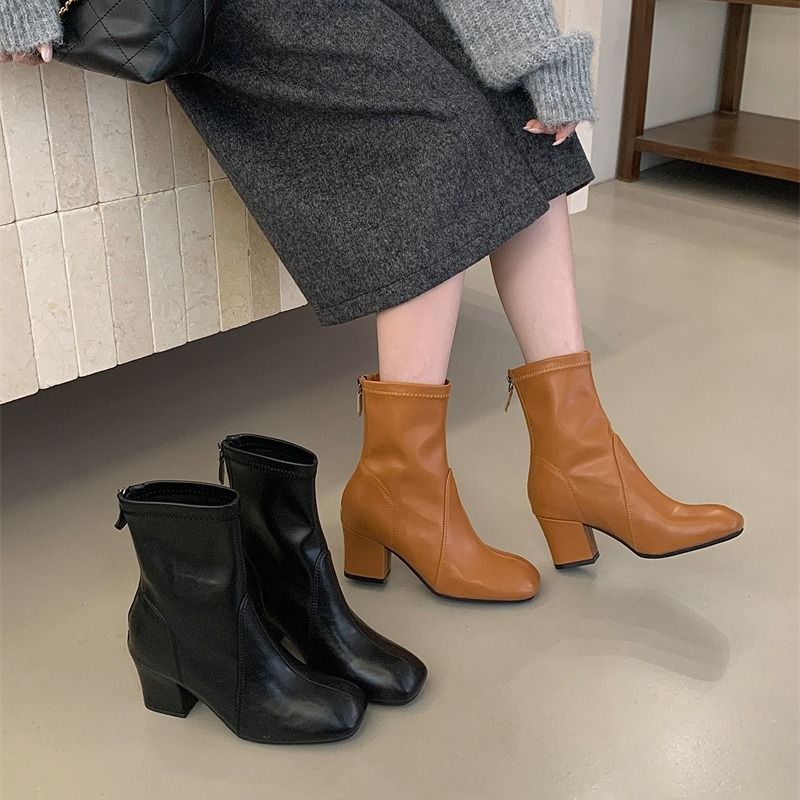 Sheepskin Version~Jang Won-Young's Same Style Belt Buckle Knight For Women, Square Toe, Chunky Heel, Short Zipper Biker_vogvips.com