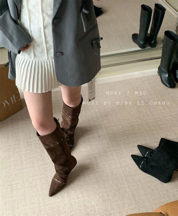 Fashionable 2025 Autumn Winter Thin Strap Pointed Toe Suede Stiletto Over-the-Knee High Heel Long Boots Women's Shoes_vogvips.com