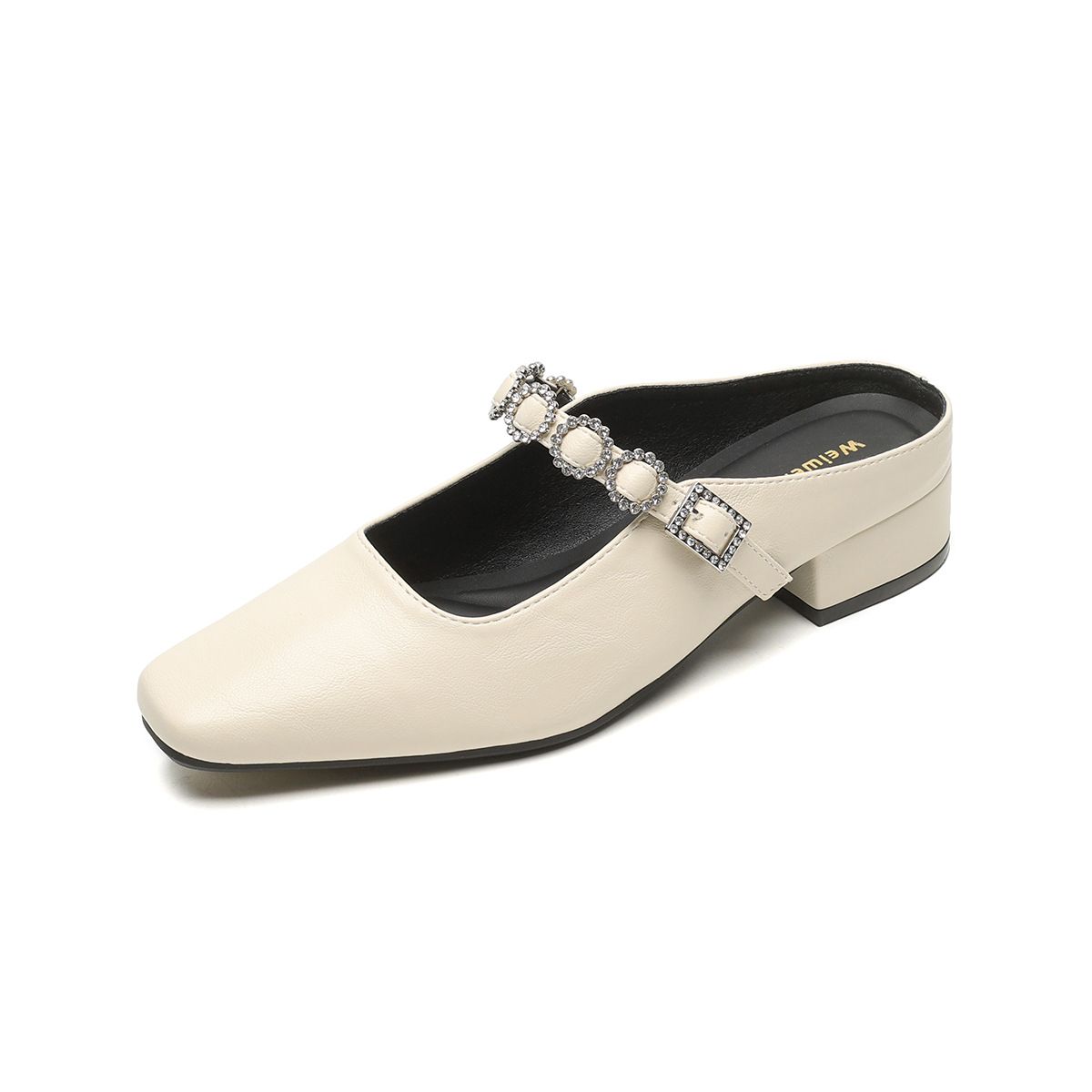 Half Slip Sandals For Women French Style Chunky Heel Rhinestone Slip On Summer Outer Wear Closed Toe 6 Summer 958_vogvips.com
