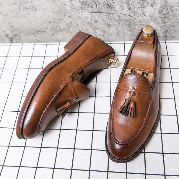 Pointed Toe casual leather shoes men's wedding shoes brogue tassel slip-on height increasing men's shoes tendon bottom hair stylist fashion shoes_vogvips.com