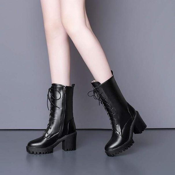White Heel Short For Women Winter New Waterproof Platform Martin Korean Style Thick Sole Mid-Calf Boots Large Size_vogvips.com