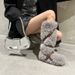 Furry Snow Boots For Women Winter 2024 New Style Warm Mid-Calf Cross Strap Rivet Non-Slip Cotton Shoes Low Heel_vogvips.com