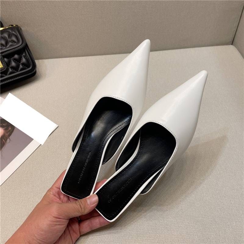 Elegant Pointed-Toe Kitten Heel Mule Slippers For Women - Soft Leather Slip-On Sandals With Comfortable Rubber Sole_vogvips.com