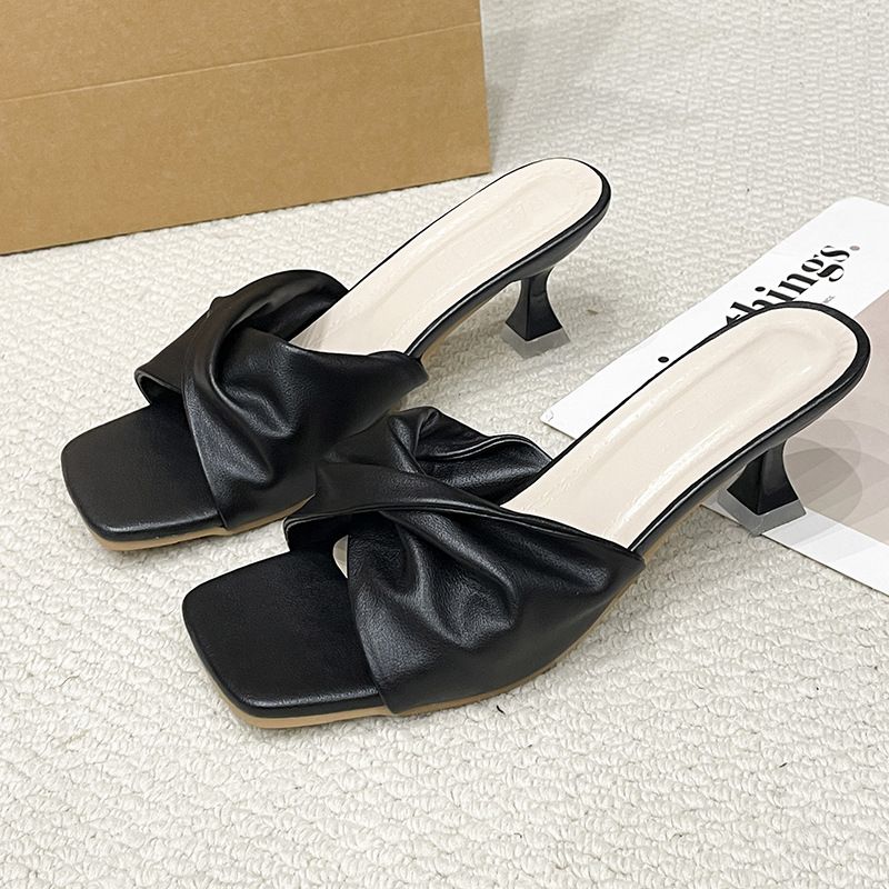 Summer New Simple One-Strap Sandals Cat Heel High Heels French Style Women's Outdoor Twist Half Slippers Beach_vogvips.com