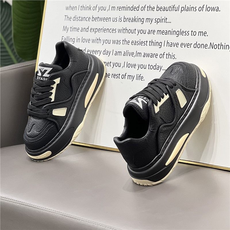 Korean-Style Popular Men's 2025 Winter New Black Casual Shoes, Plush Lined, Non-Slip, Thick-Soled Trendy Dad Shoes_vogvips.com