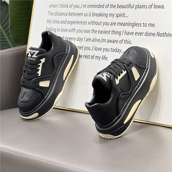 Korean-Style Popular Men's 2025 Winter New Black Casual Shoes, Plush Lined, Non-Slip, Thick-Soled Trendy Dad Shoes_vogvips.com