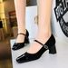 5296 Style Women's Shoes Thick Mid Heel, Shallow Mouth, Square Toe, Spliced With A Straight Line And Rhinestone Buckle,_vogvips.com