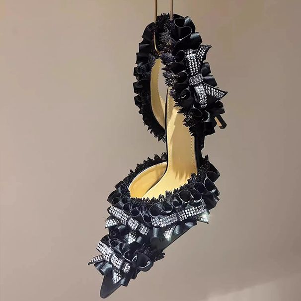Women's Shoes new pink black and white rhinestone bow decoration lace Lolita closed toe silk high heel sandals_vogvips.com