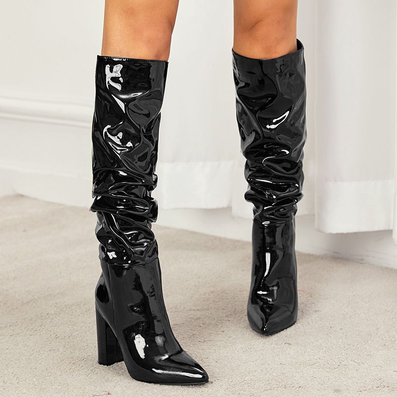 Women's Summer Large Size High Heel Boots Patent Leather Natural Wrinkled Pointed Toe Thick Heel Cowboy Shoes_vogvips.com