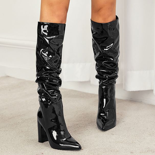 Women's Summer Large Size High Heel Boots Patent Leather Natural Wrinkled Pointed Toe Thick Heel Cowboy Shoes_vogvips.com