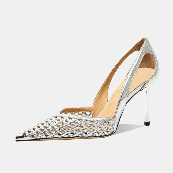 Women's Summer Stiletto Heels French Pointed Toe Hollowed out Breathable Low Cut Closed Toe Skirt Shoes_vogvips.com