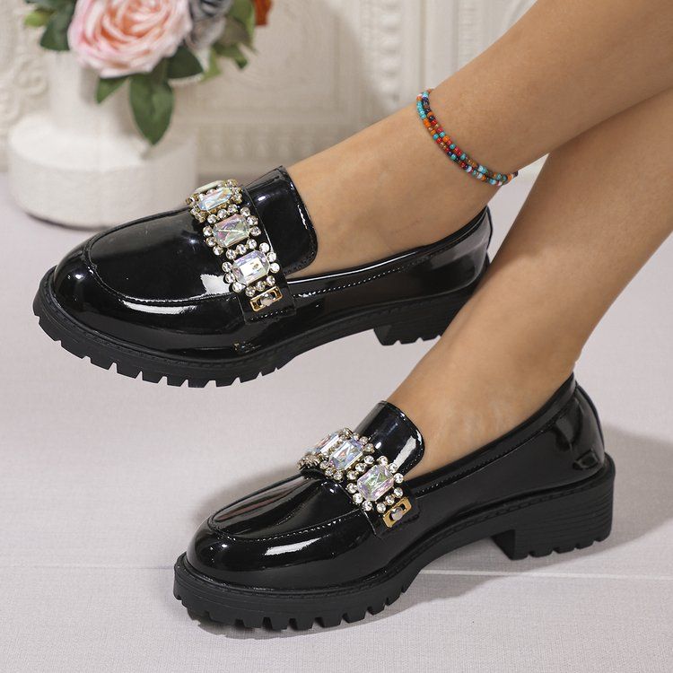 New Shiny Rhinestone Mid Heel Loafers For Autumn And Winter, Fashionable And Casual Single Shoes_vogvips.com
