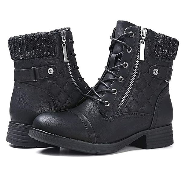 Autumn Winter European And American Foreign Trade Warm Short For Women Side Zipper Flat Martin Belt Buckle Lace-up_vogvips.com