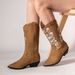 Plus-size brown leather embroidered knight boots New Western cowboy boots_vogvips.com