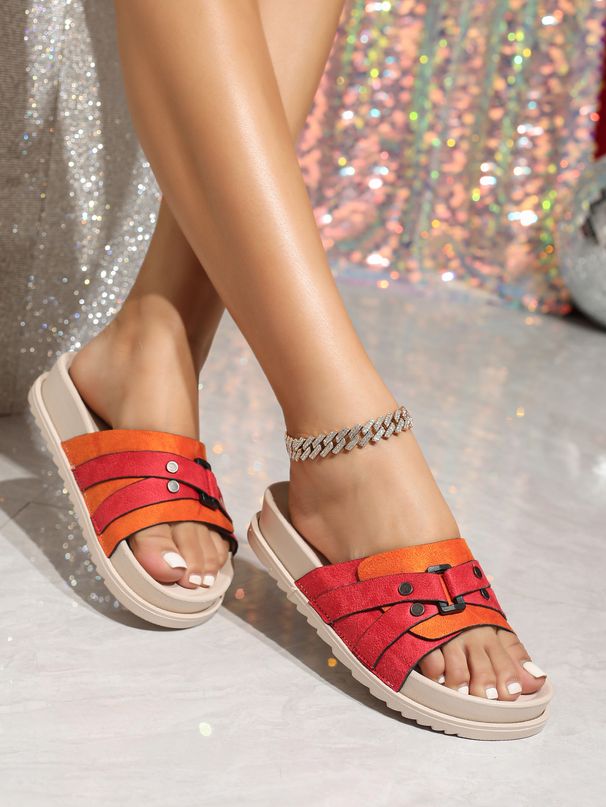Home Wear Slip On Slippers Red Fabric Decorated Flat Shoes Comfortable Simple Double Layer White Flat Slippers_vogvips.com