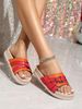 Home Wear Slip On Slippers Red Fabric Decorated Flat Shoes Comfortable Simple Double Layer White Flat Slippers_vogvips.com
