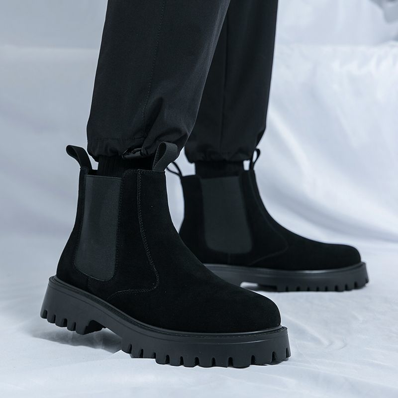Men's Martin Large Size 46, Casual Chelsea Boots, Trendy British Style, Thick-Soled Black Suede Chimney Boots_vogvips.com
