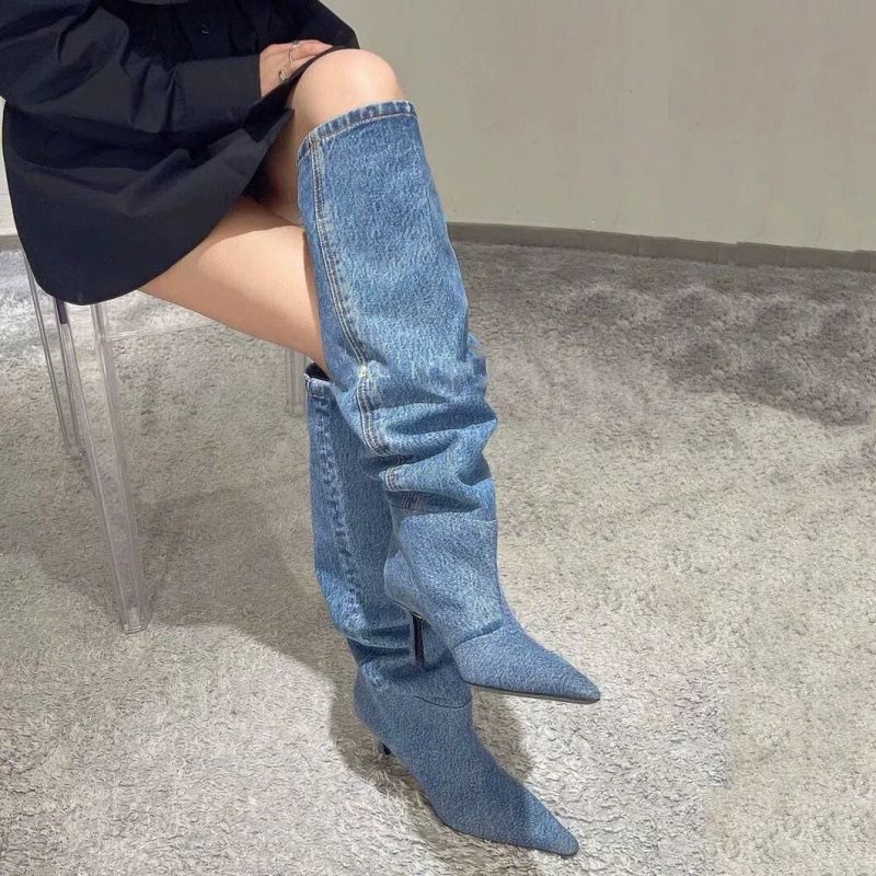 AW Style Women's Denim Heel Stiletto High Tube Over-the-Knee Wrinkled Slouch Long Boots Autumn Winter_vogvips.com