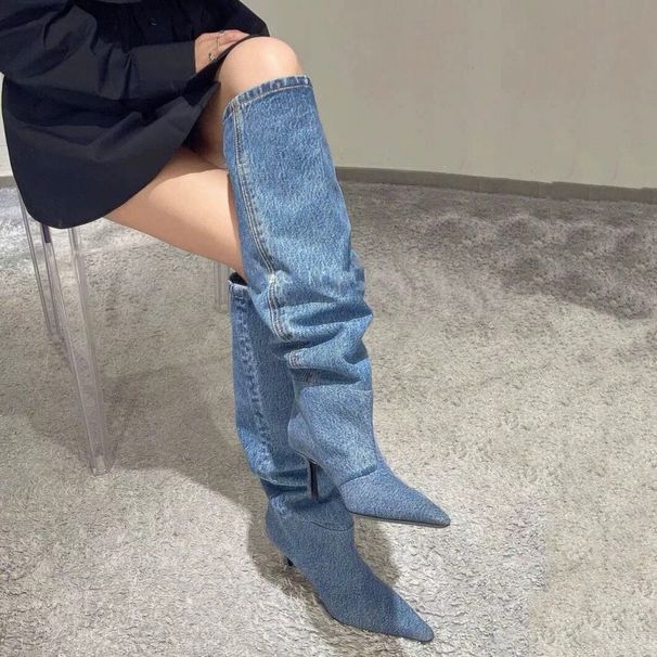 AW Style Women's Denim Heel Stiletto High Tube Over-the-Knee Wrinkled Slouch Long Boots Autumn Winter_vogvips.com