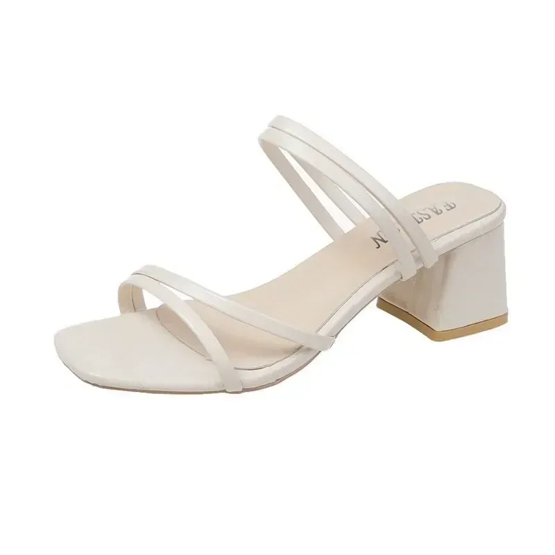 Women Ladies Square Heels Elegant Summer Slippers Outside Cross Tied Leather Female Slides 2024 Fashion Woman Sandals_vogvips.com