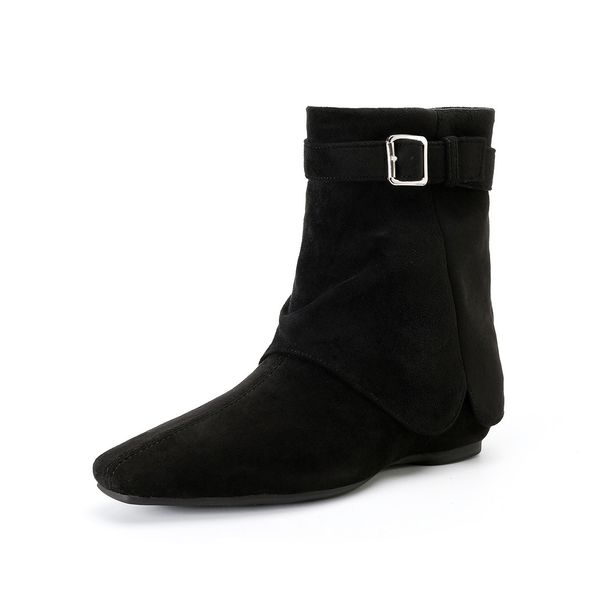 Weiwei Lady 1309-1 Women's Flat Boots With Belt Buckle, Internal Height Increase, Suede Pointed Toe, Slimming Short Boots_vogvips.com