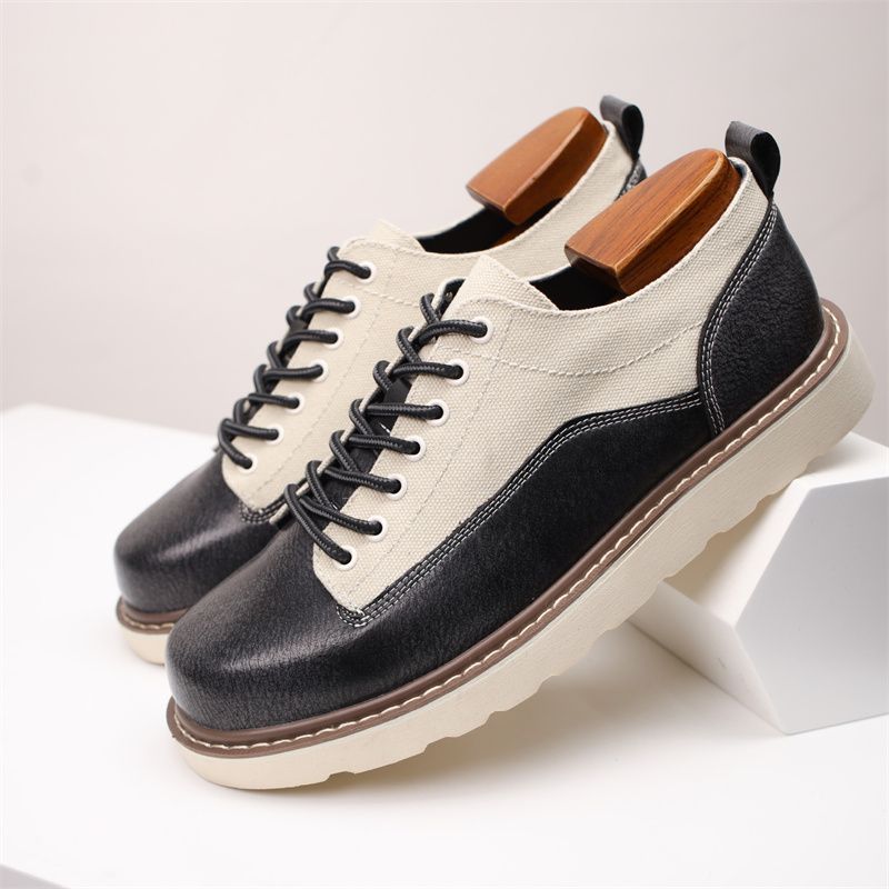 New 2024 Men Cow Leather With Canvas Casual Platform Shoes Lace Up Retro Outdoor Men Comfortable Autumn Footwear_vogvips.com