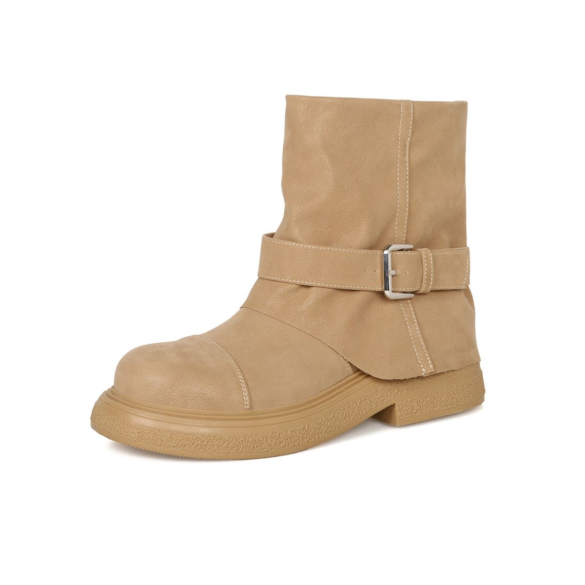 Women's Distressed Western Ankle Boots - Stacked Fold Design, Round Toe, Chunky Heel, Waterproof PU (Black, Khaki)_vogvips.com
