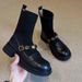 Britih Thick-Soled Chunky Mid-Heel Short For Women 2024 New Style Outdoor Round-Toe Patchwork Sock Loafer Stretch_vogvips.com