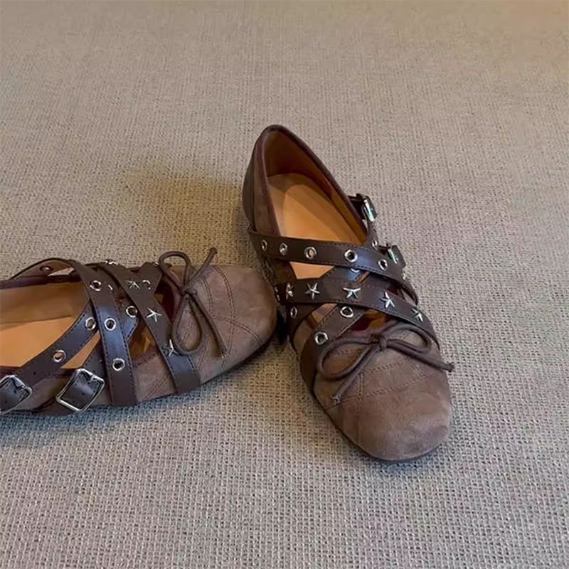 Retro Bowknot Cross-Strap Mary Jane Shoes For Women 2025 Spring/Summer New Style Shallow Rivet Ballet Flats_vogvips.com
