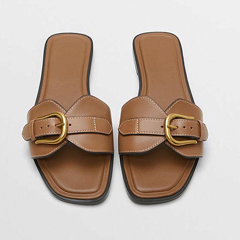 Women's Summer Slippers Fashionable Strappy Sandals With Belt Buckle Casual Beach Shoes Genuine Leather Flat Sandals_vogvips.com