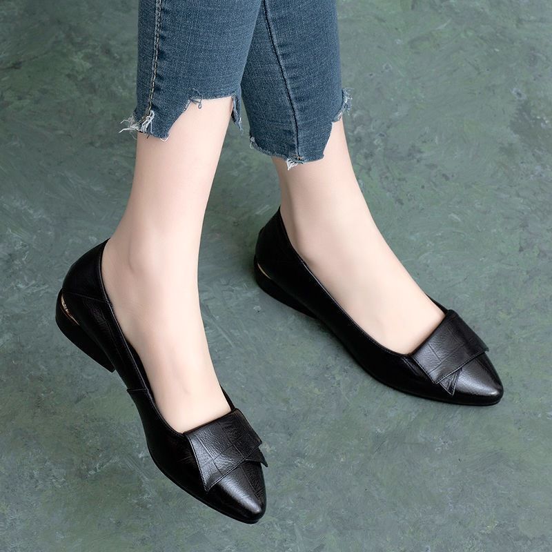 Flat Single For Women 2021 New Spring And Autumn Shallow Mouth Chunky Heel Pointed Toe Soft Sole Versatile Leather Work_vogvips.com
