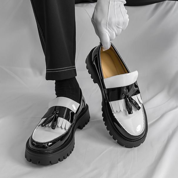 Men's British Fashion Black And White Color-blocking Tassel Thick-soled Heightened With One Foot, Korean Casual Round-toe Business Men's Shoes_vogvips.com
