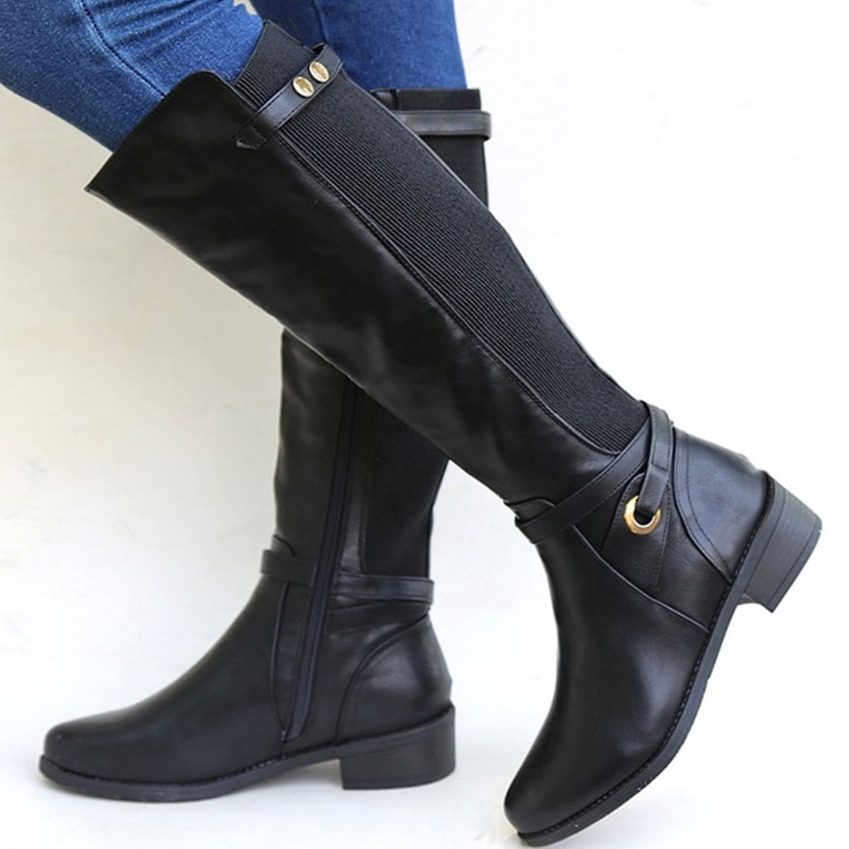 Women's Round Toe Chunky Heel Knee High Riding Boots With Side Zipper & Buckle Detail - PU Leather Upper, Cotton Lined, Comfortable & Stylish_vogvips.com