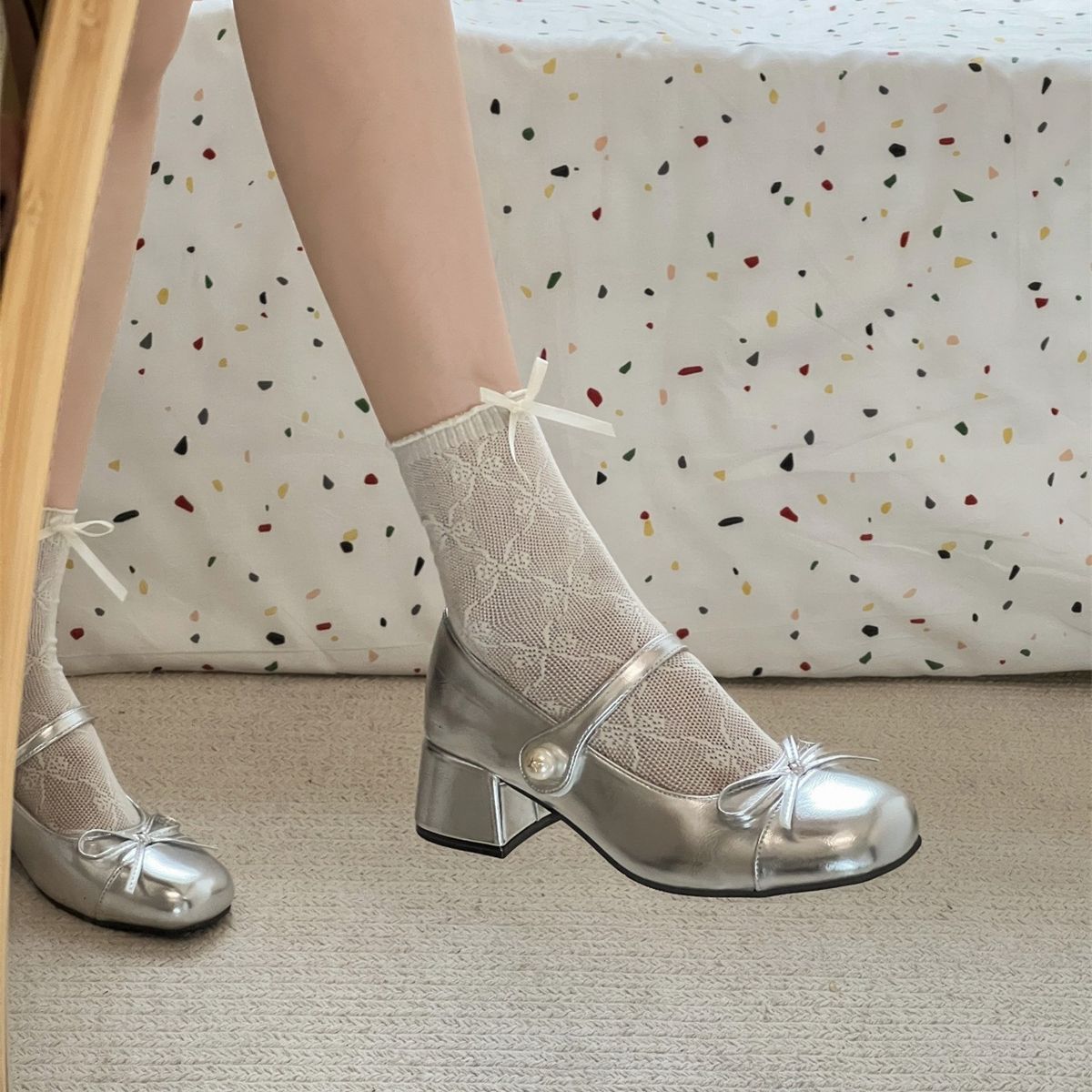 NEW French Silver Chunky Heel Mary Jane Shoes For Women With A Dress Style, Fairy-like Pearl Open-toe High Heels_vogvips.com