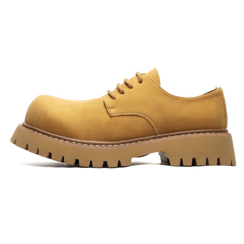 Buffny Men's Casual Leather Oxford Shoes - Round Toe, Soft & Breathable, Low-Cut Derby Style With Rubber Sole, Yellow_vogvips.com
