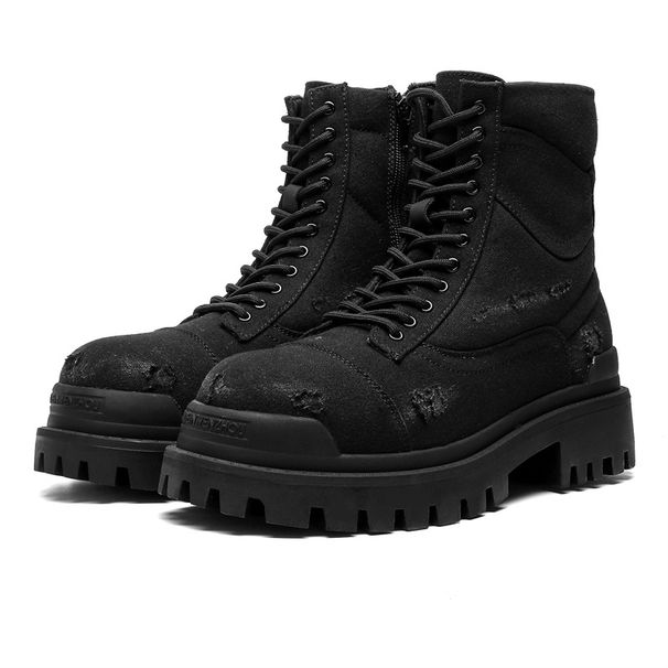European Warm Series Autumn Winter Thick Heel Pointed Men's Solid Color Stitching Casual Round Toe Black Front Lace-up Martin Boots_vogvips.com
