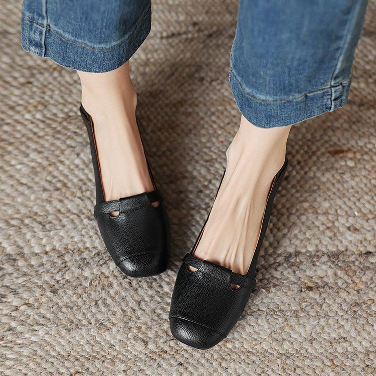 Soft-soled Women's Shoes, Light-mouth Single Shoes, One-pedal Color Matching Round Head Low-heeled Work Small Leather Shoes_vogvips.com