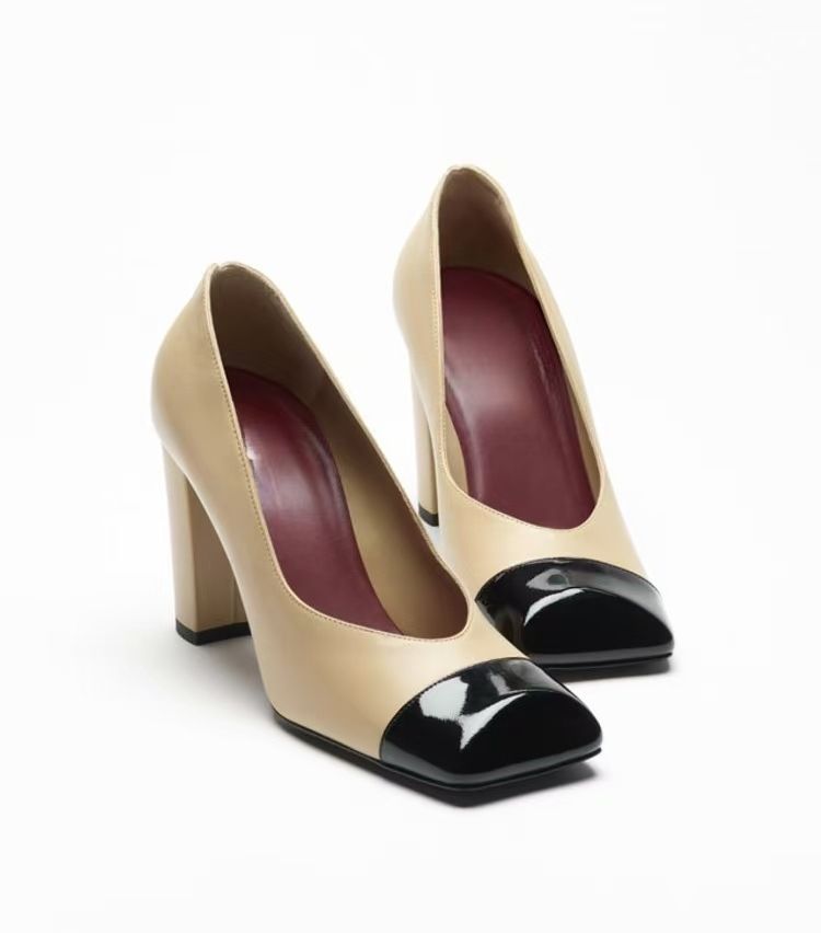 Retro Style Women's High Heels Color Blocked Square Toe Low Cut Genuine Leather Chunky Heel Versatile Shoes for Commuting Black_vogvips.com