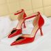 8323-K55 Pointed Sandals For Women, Hollow One Button Metal Buckle High-heeled Shoes, Thin Heels, Patent Leather Shiny_vogvips.com