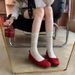 Grape Mom Ballet Style Bow Square Round Toe Soft Suede Shallow Mouth Single Shoes Women Mary Jane All Seasons Red F_vogvips.com