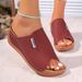 Large Size Women's Casual Slippers Thick Soled Fish Mouth Wedge Heeled Wide Striped Simple Fashionable Slip-On Shoes_vogvips.com